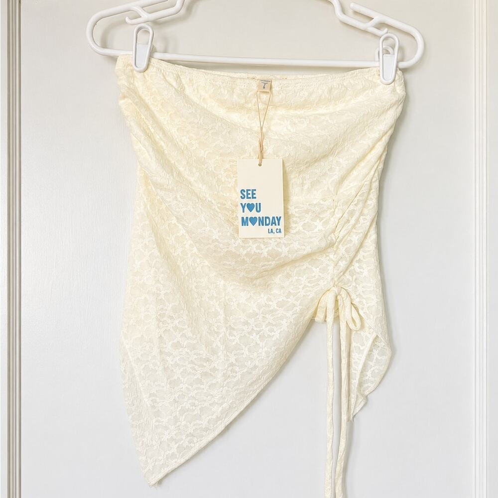 See You Monday Ivory Lace Ruched Mini Skirt Size Large NWT Y2K Beach Cover Up